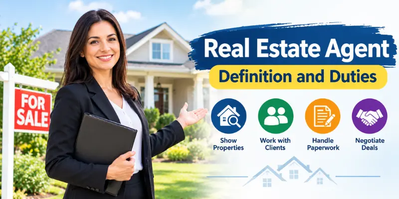 Real estate agent discussing property duties with clients
